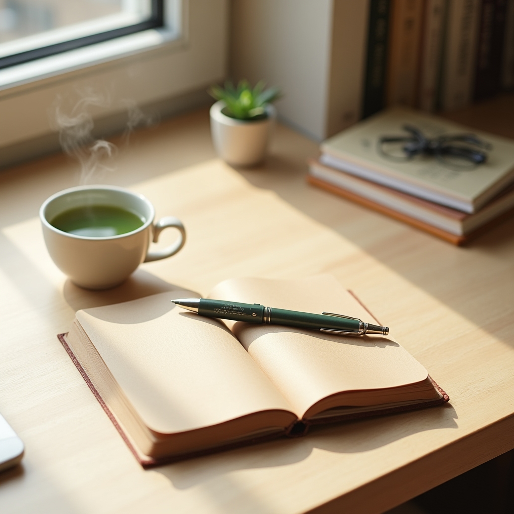Espace de travail épuré avec carnet de notes, tasse de thé et plante verte sur un bureau en bois clair