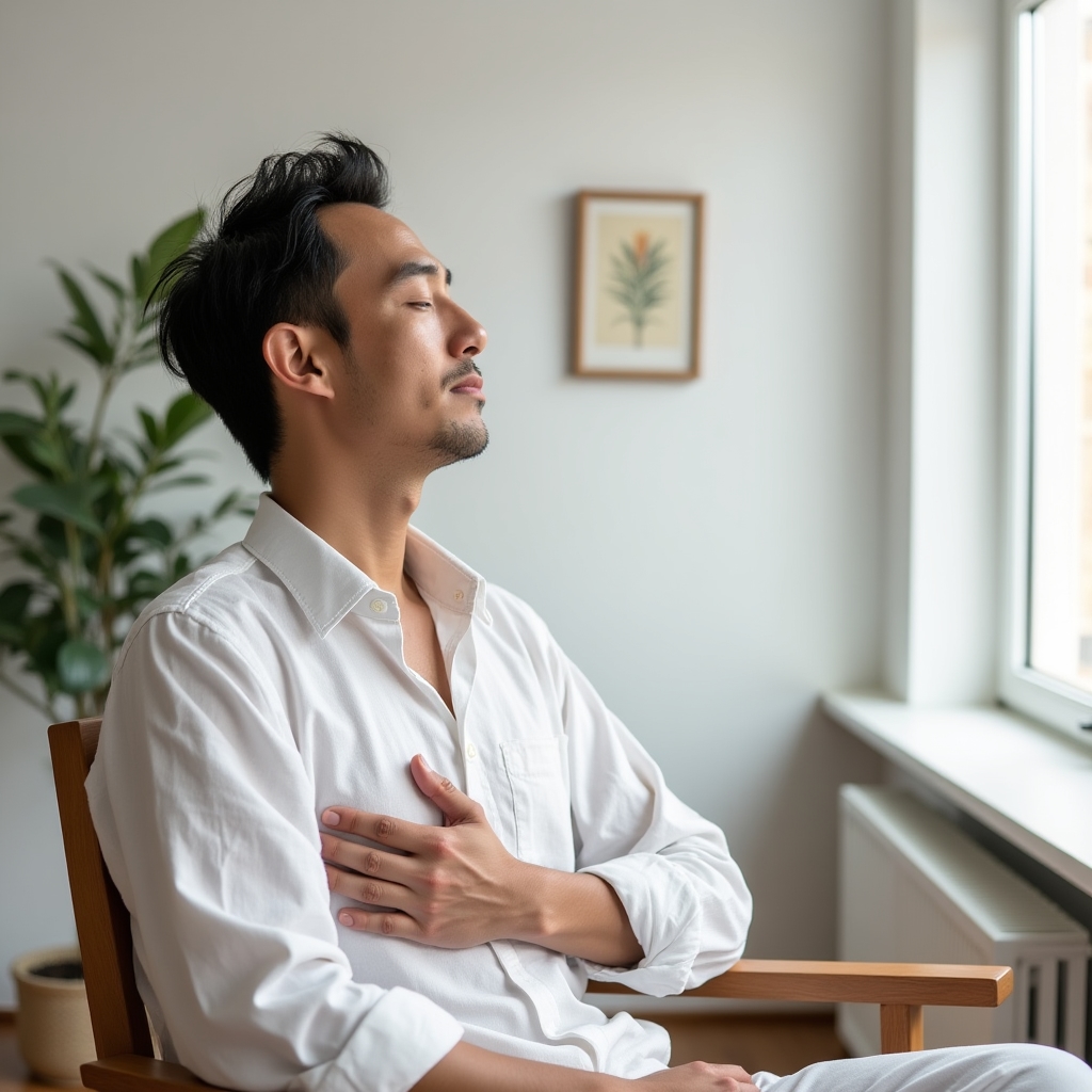Homme assis calmement les yeux fermés pratiquant des exercices de respiration profonde dans un intérieur lumineux