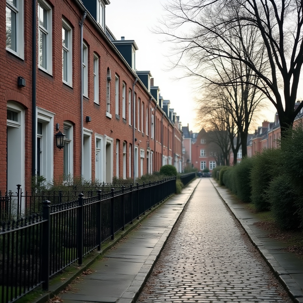 Vue d'un quartier résidentiel belge avec des maisons traditionnelles en briques et une rue pavée