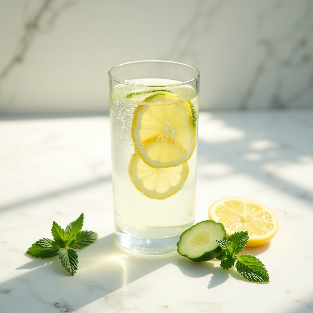 Verre d'eau fraîche avec tranches de citron sur une table ensoleillée, symbolisant l'hydratation quotidienne