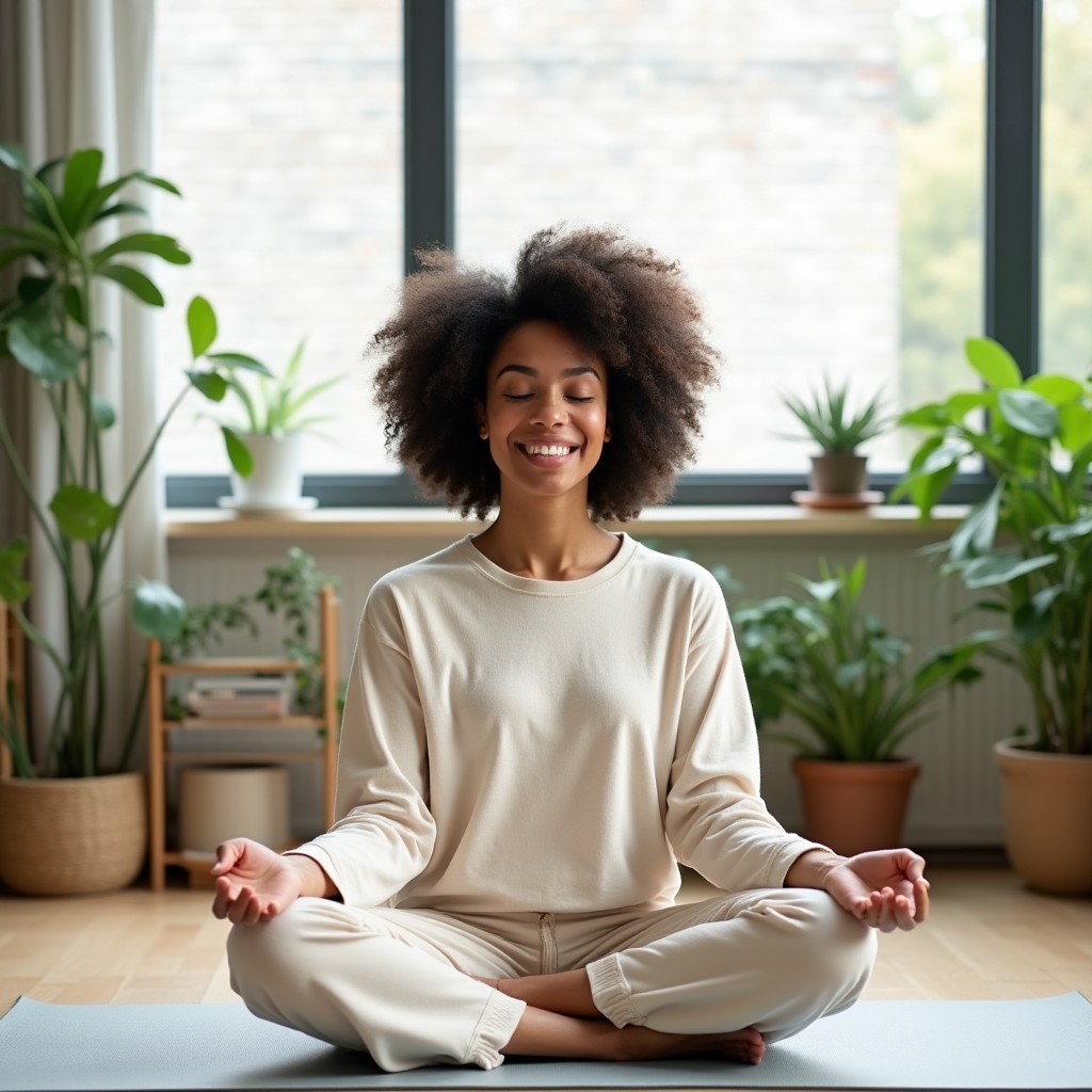 Femme en position de méditation dans un espace calme avec plantes vertes et lumière naturelle