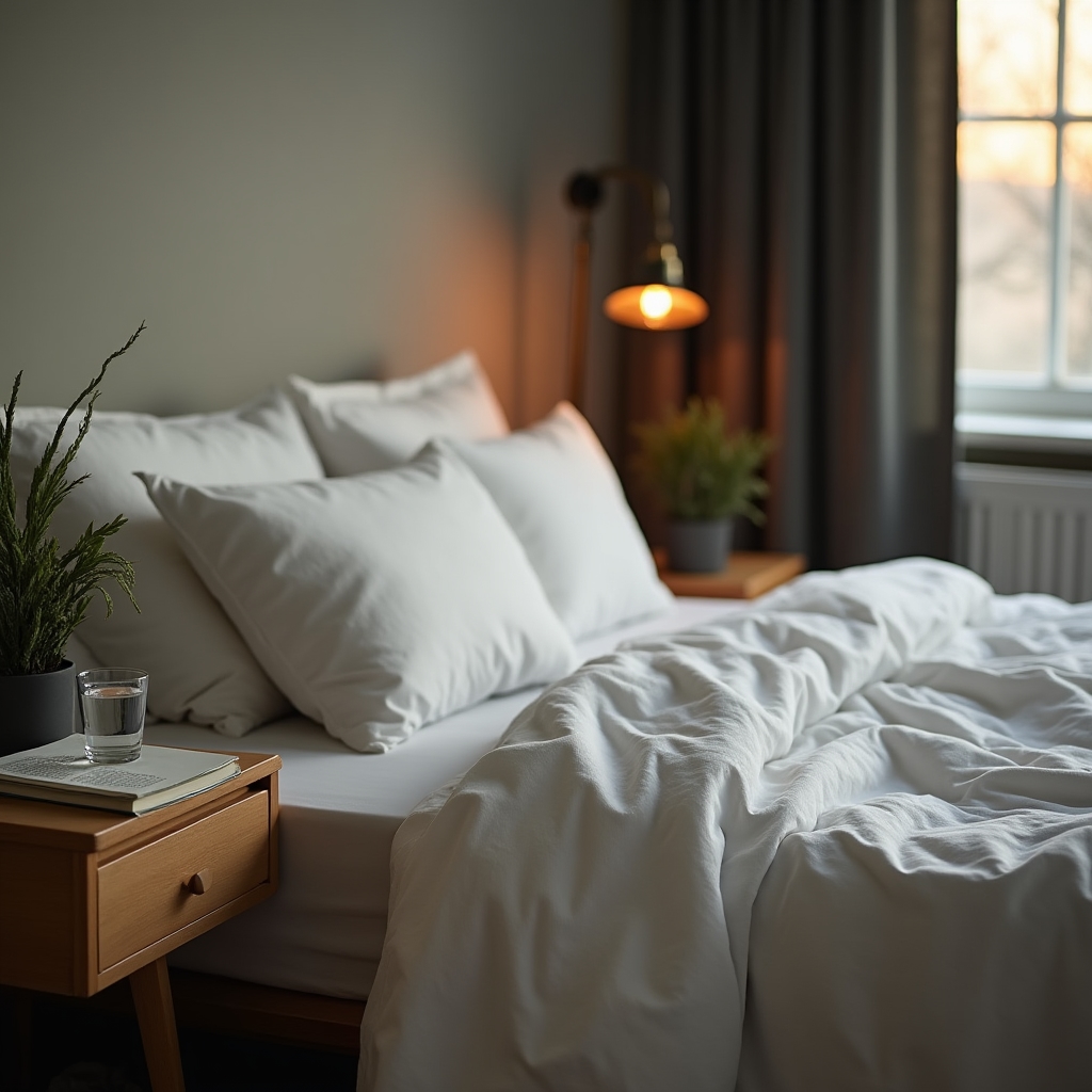 Chambre à coucher apaisante avec lumière tamisée favorisant un sommeil de qualité