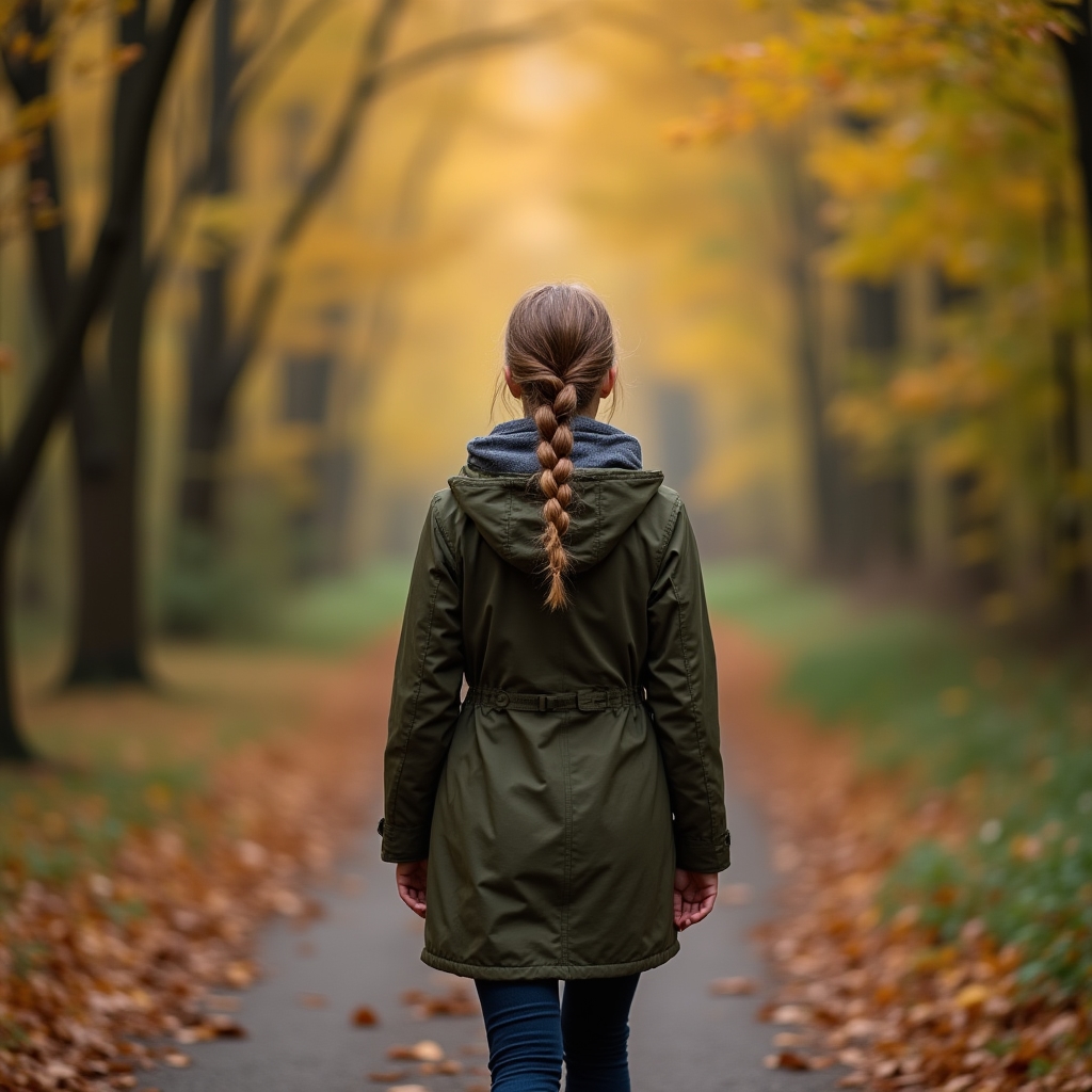 Personne marchant seule sur un sentier forestier automnal avec lumière filtrée entre les arbres